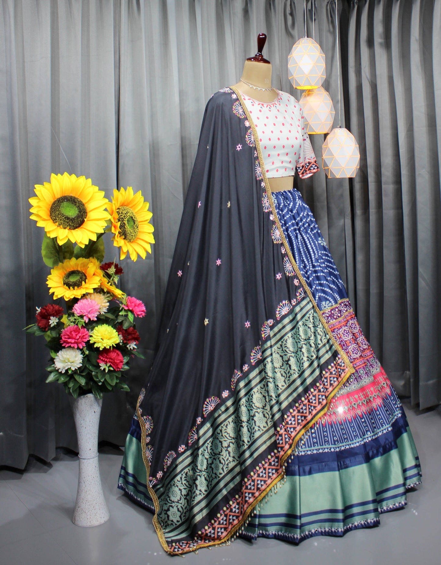 Navratri Special Soft Chinon Silk Lehenga with Digital Print & Real Mirror Work