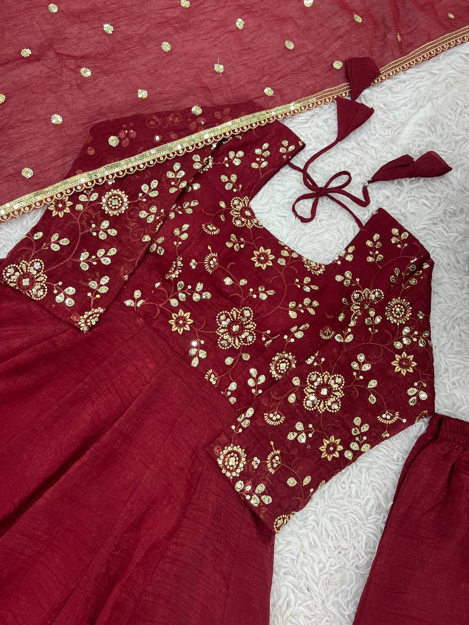 Premium Women’s Ethnic Wear Crunchy Silk Gown Set with Embroidered Dupatta & Matching Pant