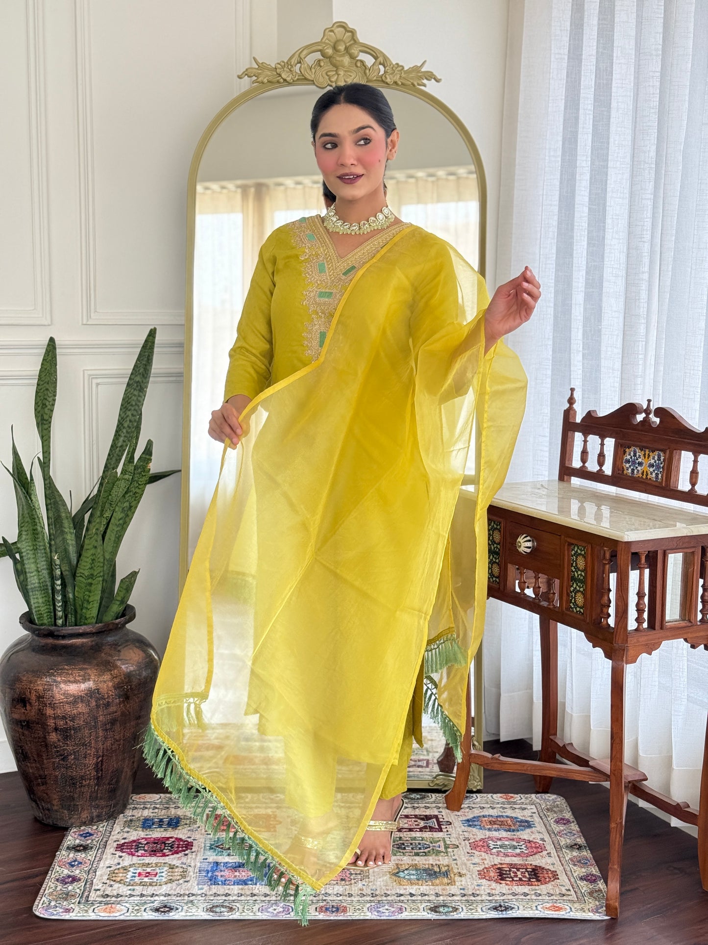 Latest Style Embroidered Viscose Rayon Suit Set with Organza Dupatta