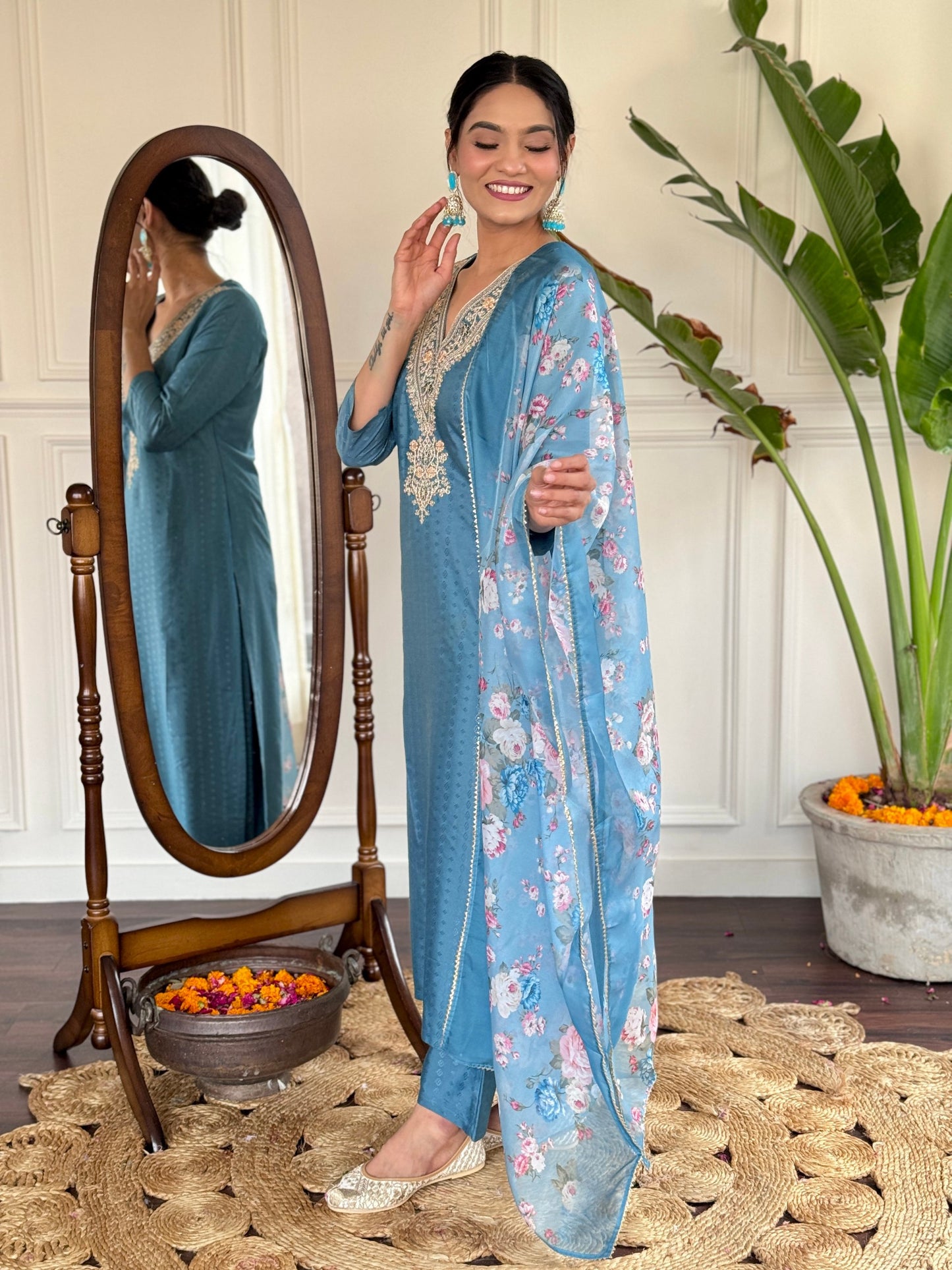 Festive Firozi Viscose Rayon Embroidered Kurti Pant Set with Teby Dupatta
