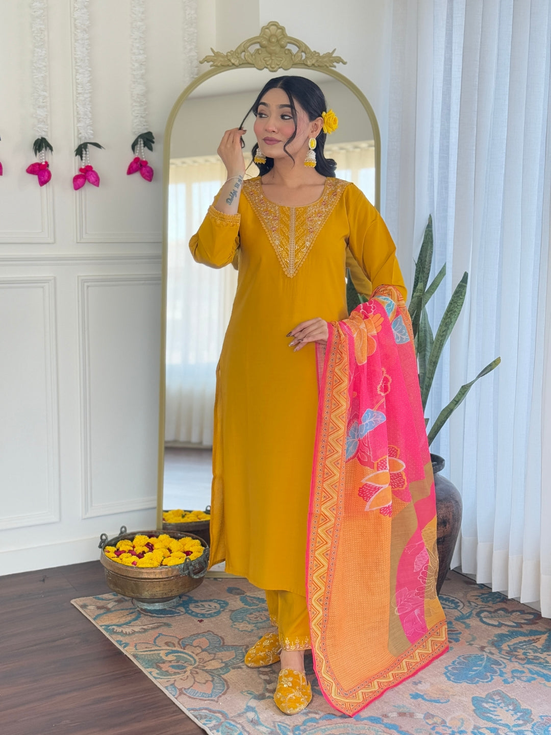 Women's Chanderi Silk Embroidered Kurta with Pant & Pure Linen Dupatta | Premium Readymade 3-Piece Ethnic Suit Set | Elegant Wear for Festive, Semi-Formal & Traditional Occasions