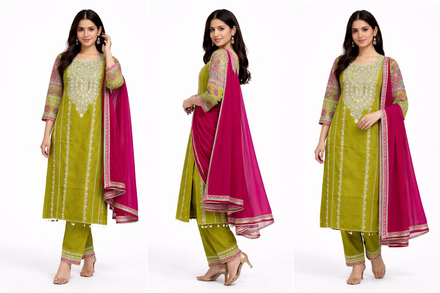 Women’s Green Embroidered Chinnon Kurta Pant Set with Dupatta | Fully Stitched Ethnic Wear | Festive & Party Outfit