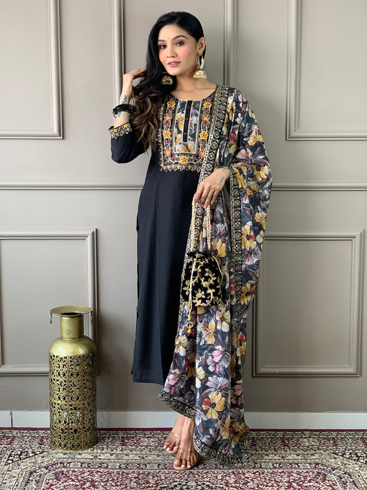 Elegant Embroidered Kurti Set in Chanderi with Designer Crepe Dupatta
