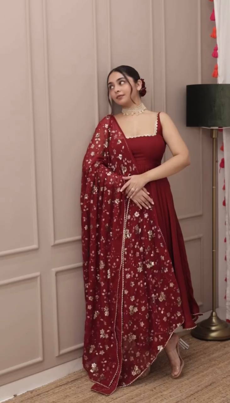 Party Wear Fully Stitched Outfit for Designer Heavy Faux Georgette Gown Set with Embroidered Dupatta & Bottom