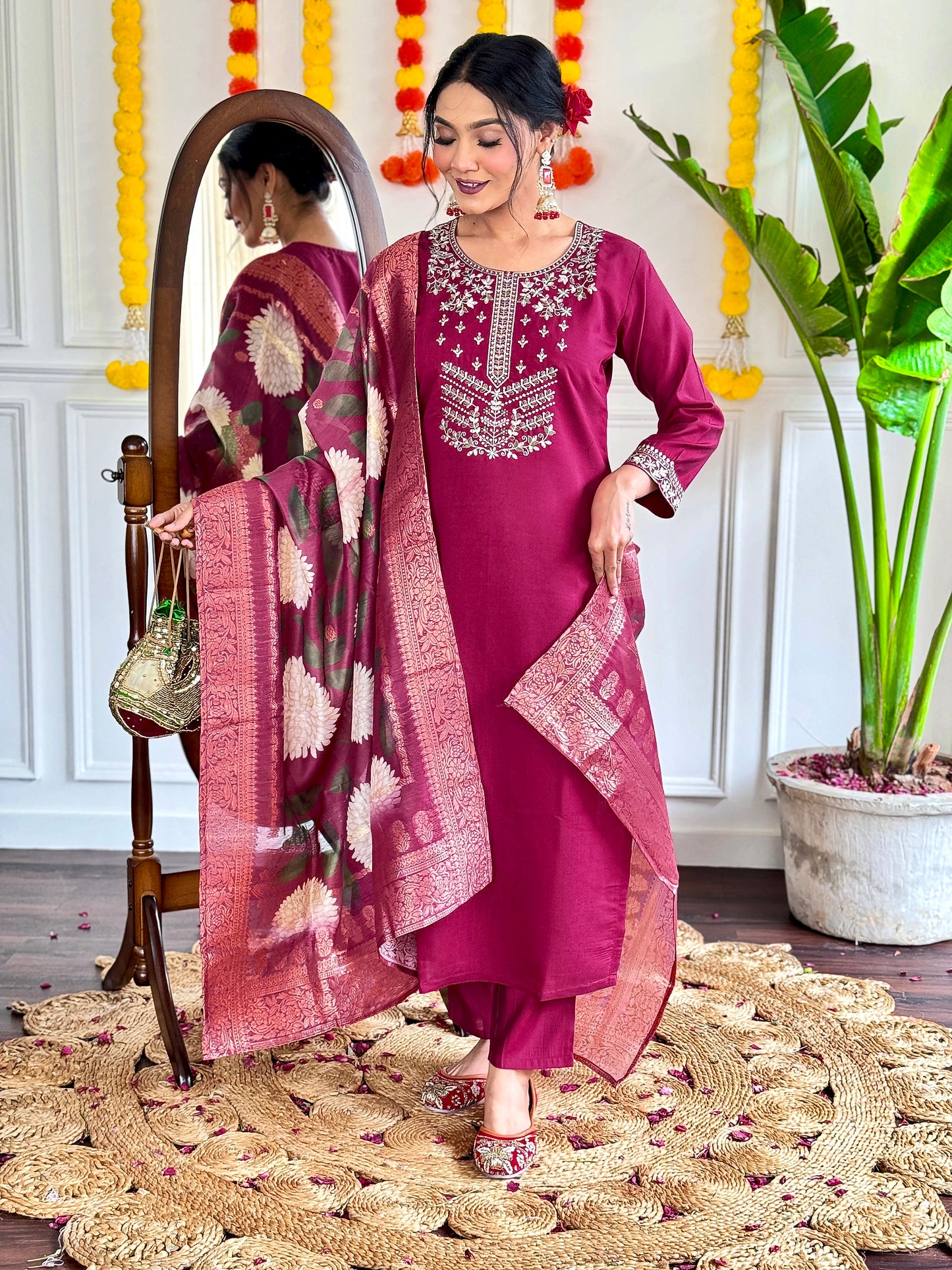 Women’s Viscose Chanderi Kurti Set with Embroidered Jacquard Dupatta & Pant – 3/4 Sleeves, Designer Round Neck