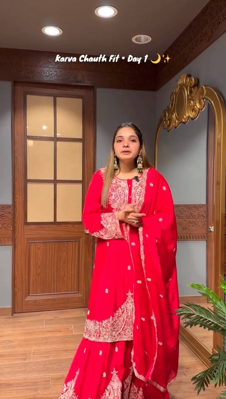 Designer Faux Georgette Sharara Set with Embroidered Dupatta | Fully Stitched Premium Ethnic Wear