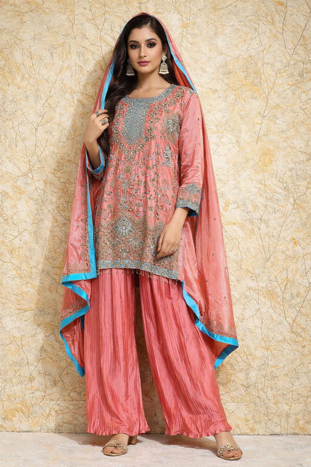 Women’s Peach Embroidered Chinnon Kurta Sharara Set with Dupatta | Fully Stitched Ethnic Wear | Festive & Party Outfit
