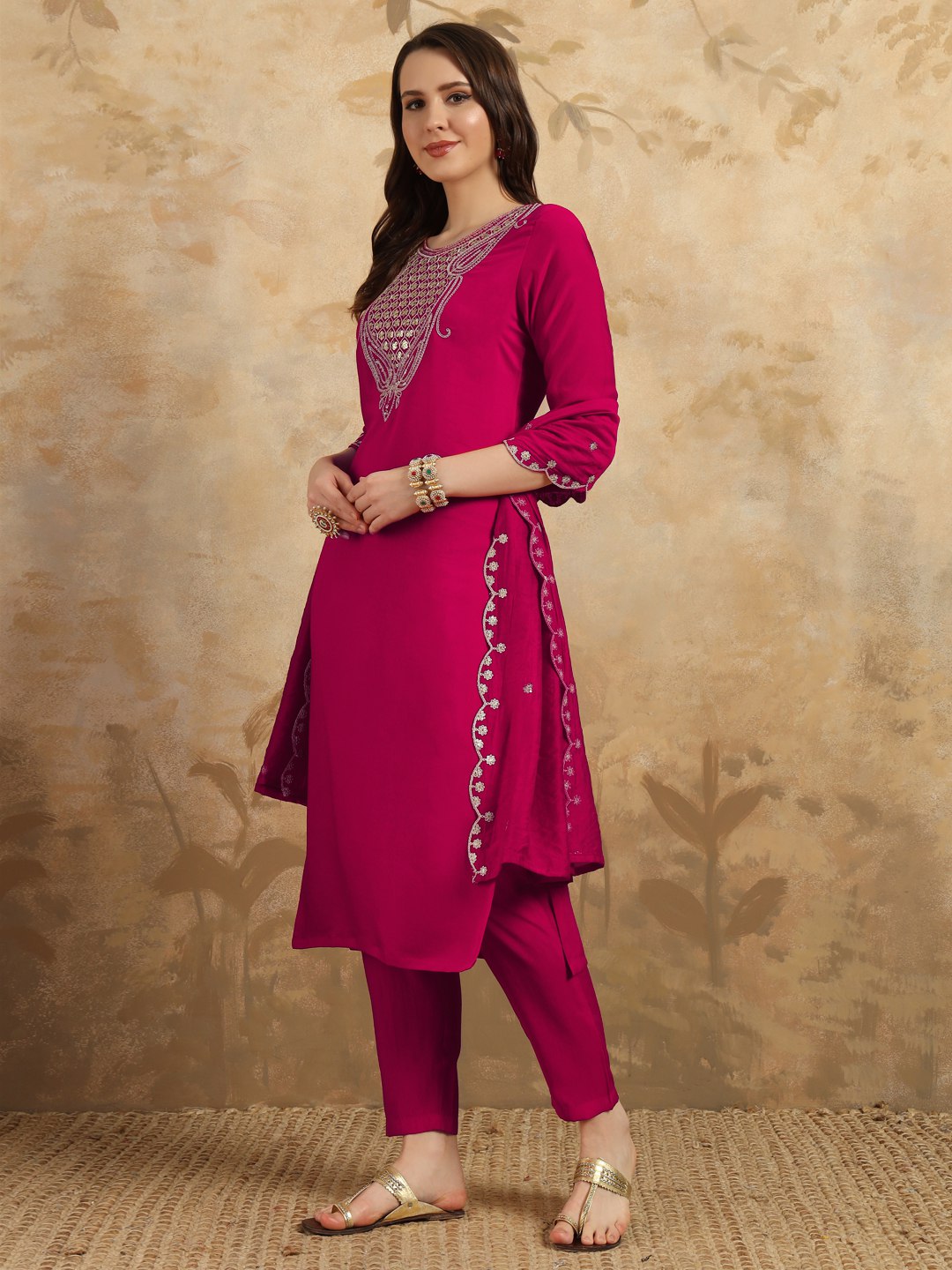 Traditional Embroidered Viscose Chanderi Kurti Pant Set with Nylon Chanderi Dupatta