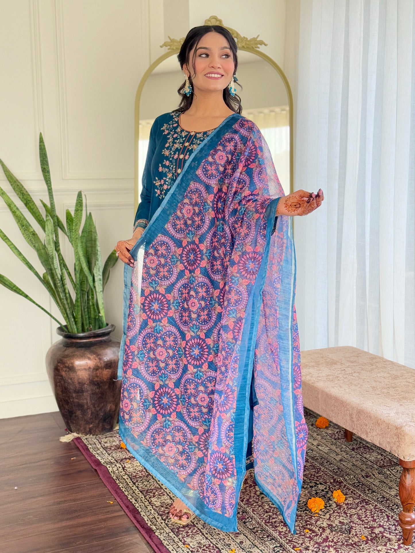 Graceful Chanderi Silk Suit Set with Embroidered Pure Linen Dupatta