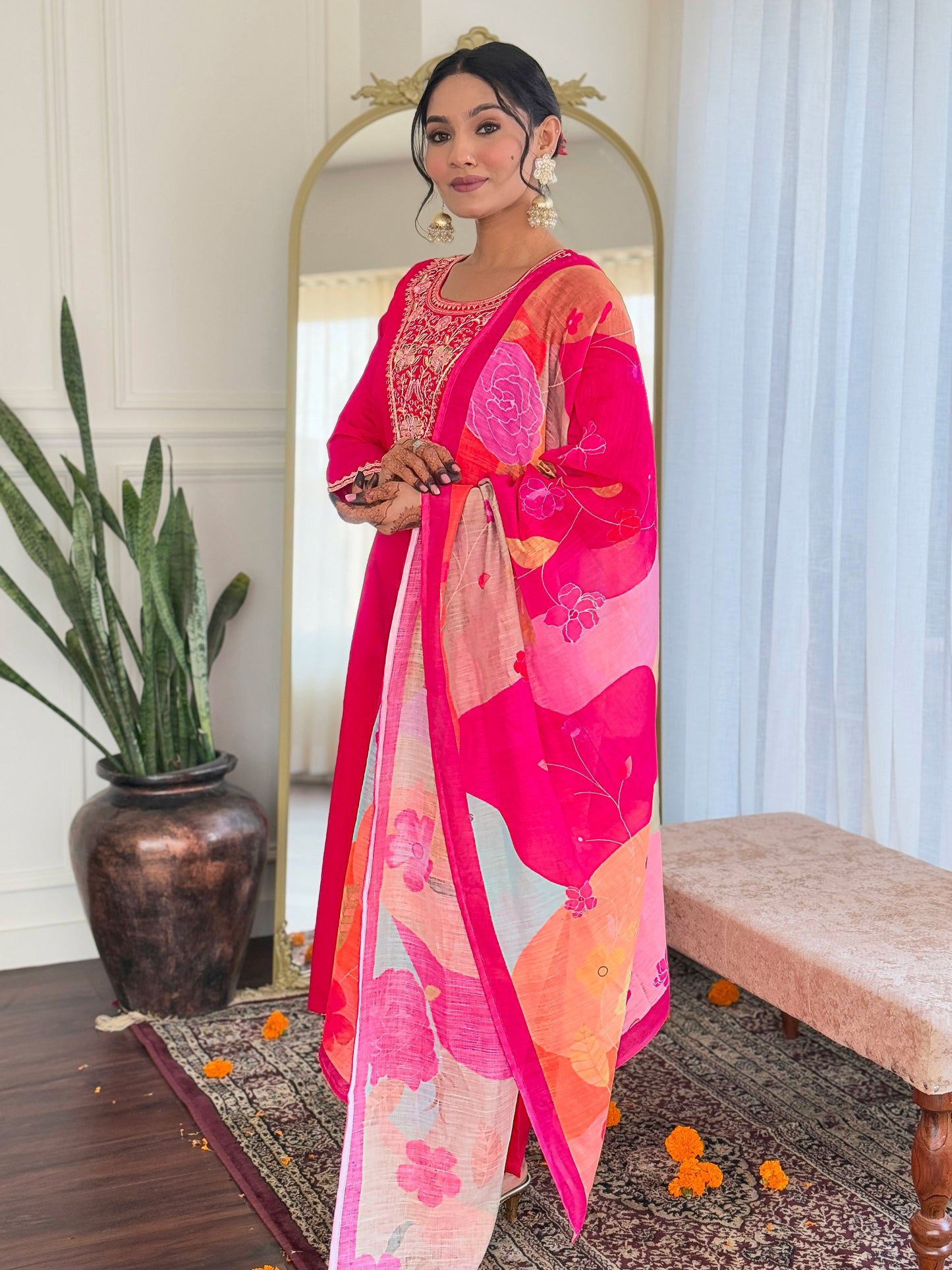 Stylish Embroidered Chanderi Suit with Natural Linen Dupatta