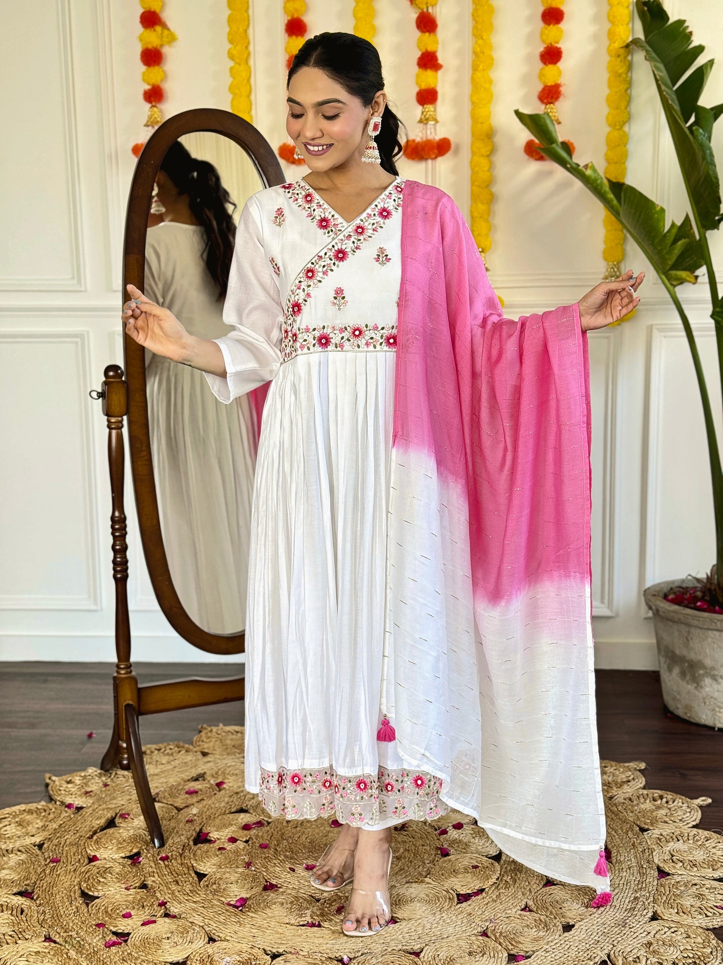Stylish Embroidered Chanderi Ensemble with Flowy Jacquard Dupatta