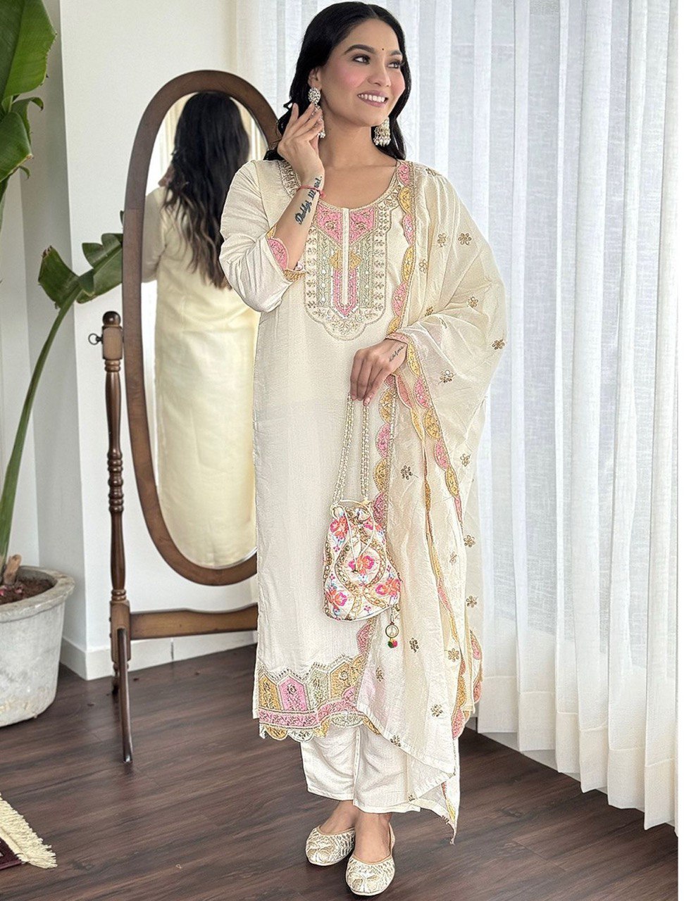 Elegant Heavy Roman Silk Suit Set with Embroidery & Matching Dupatta | Ready to Wear