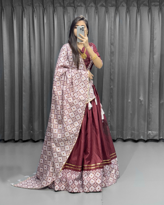 Women’s Cotton Lehenga Choli – Ready to Wear with Mirror Work & Printed Dupatta