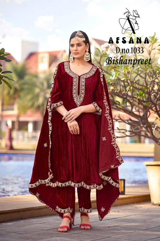 Women's New Crush Velvet Embroidered Suit Set with Cording Sequence & Tikki Work, Matching Bottom and Designer Dupatta | Festive & Party Wear (Ready to Wear)