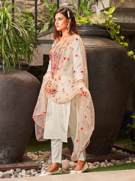 Women's Viscose Chanderi Embroidered Kurta with Pant & Soft Butter Net Dupatta | Readymade 3-Piece Ethnic Suit Set | Elegant & Lightweight Wear for Festive, Party & Semi-Formal Occasions