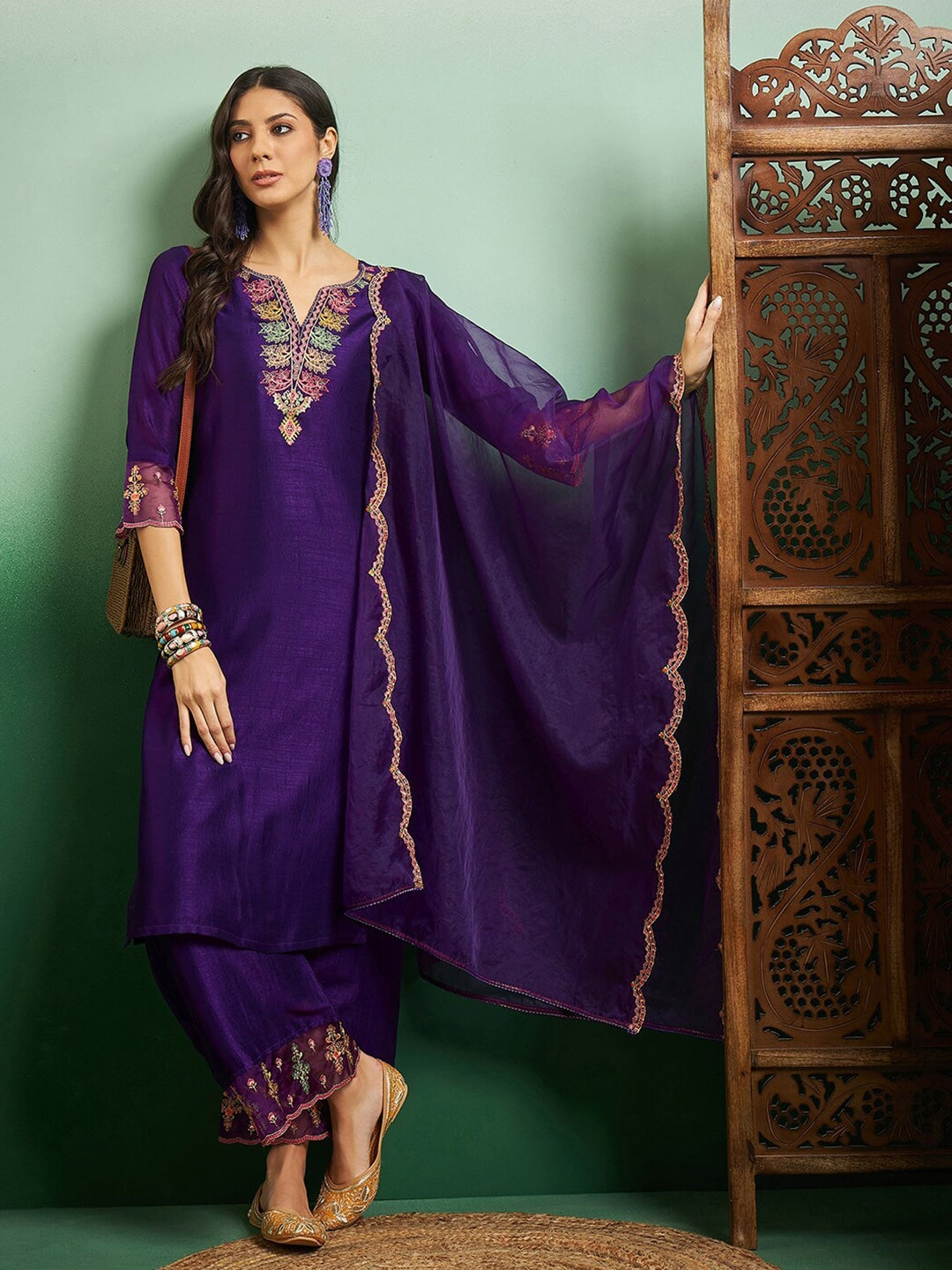 Women's Chanderi Cotton Kurti Set with Heavy Embroidered Organza Dupatta – Traditional Look