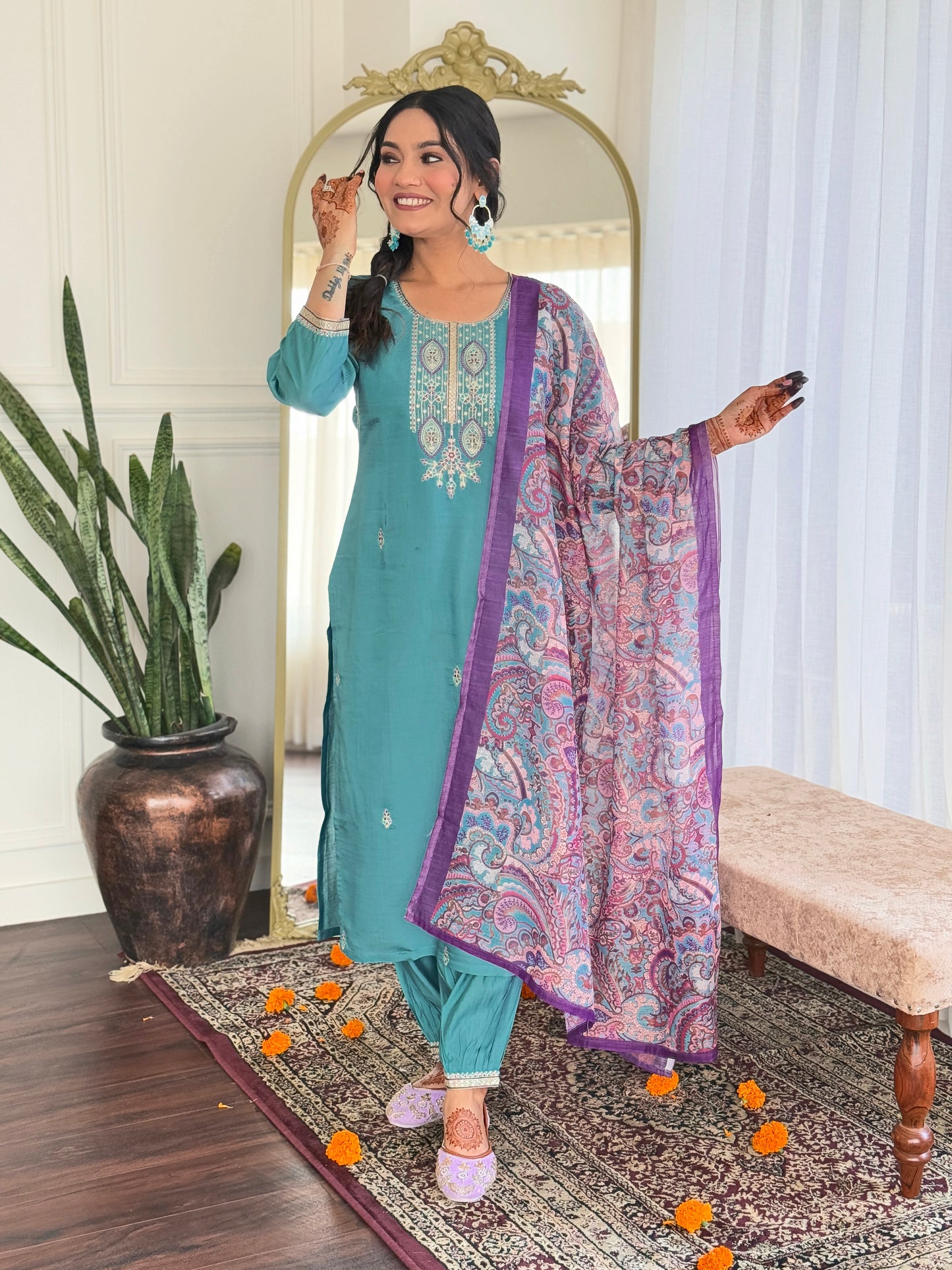 Chanderi Embroidery Suit with Linen Dupatta – Everyday Festive