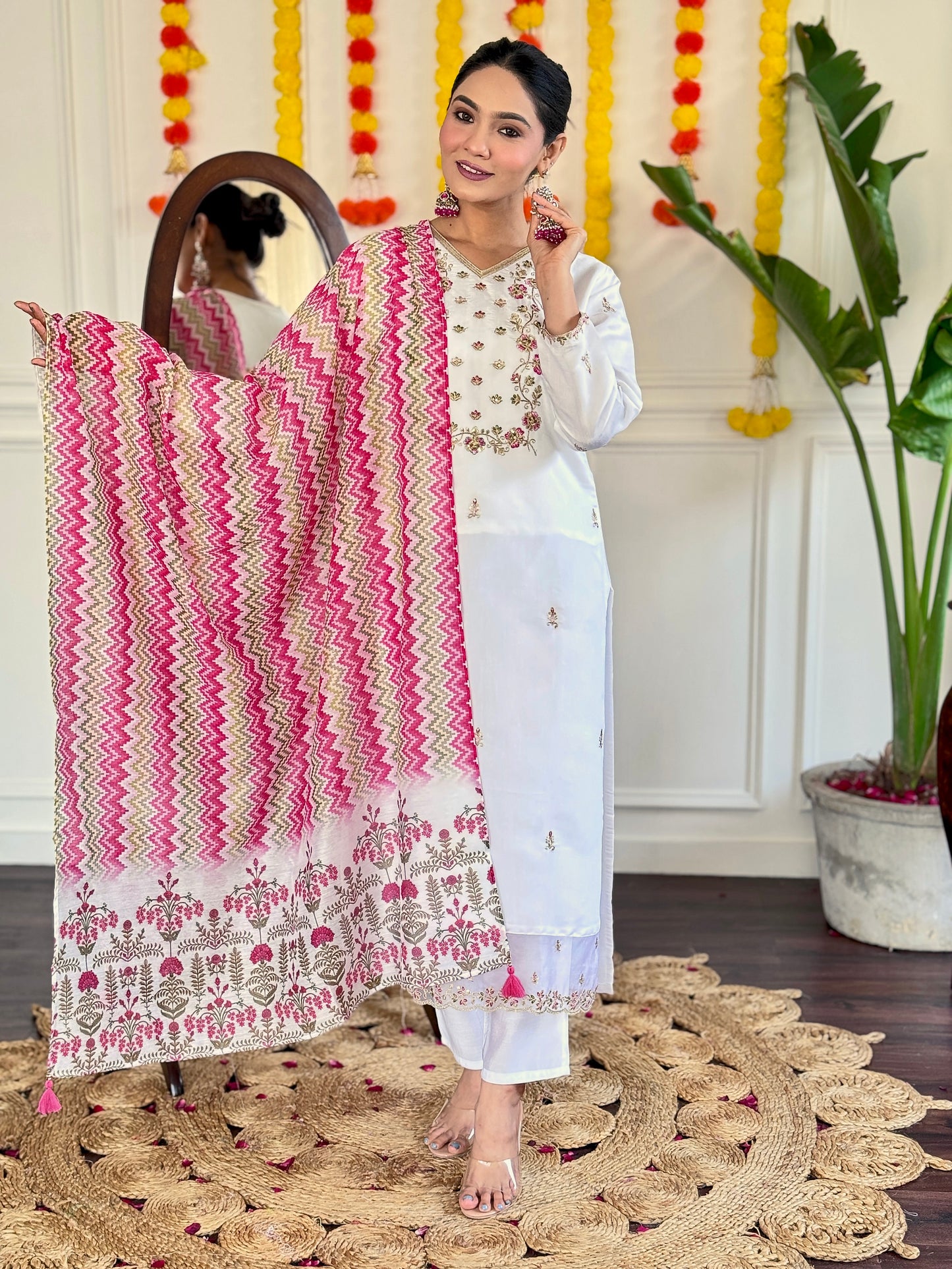 Elegant White Viscose Chanderi Kurti Set with Designer V-Neck & Chanderi Dupatta – 3-Piece Ready-to-Wear Ethnic Suit for Women