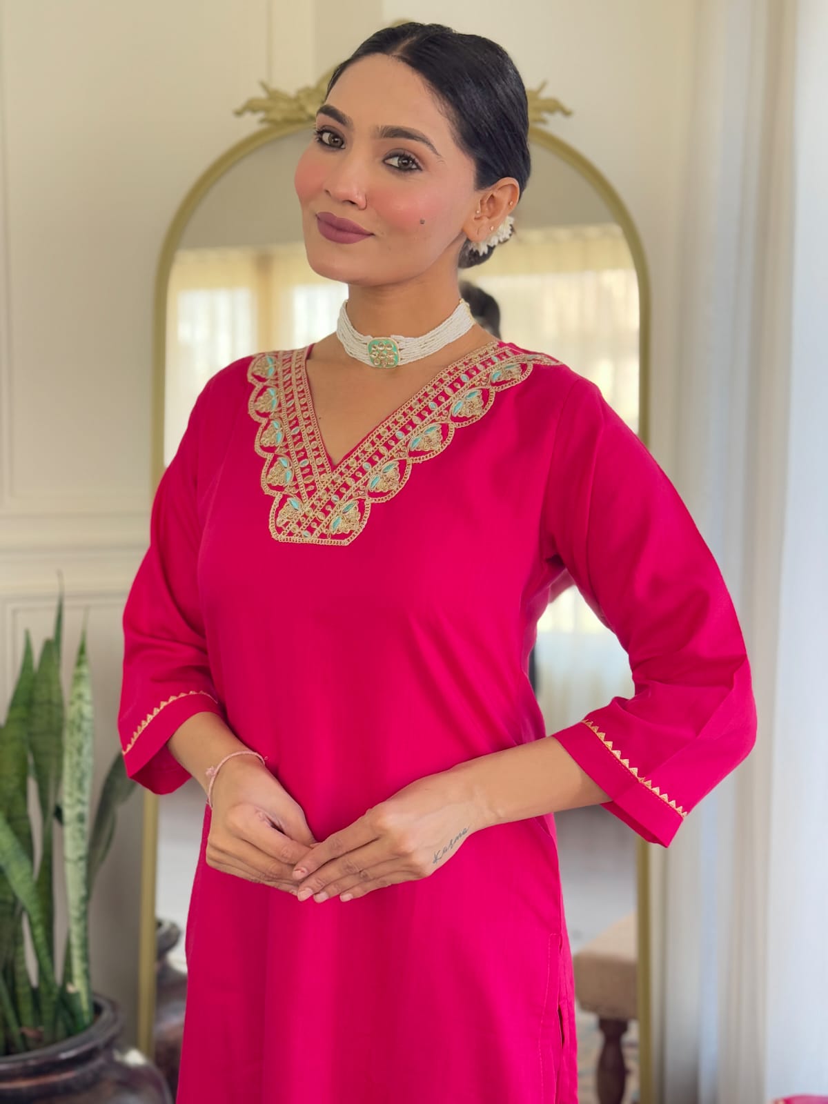 Casual Ethnic Wear Embroidered Reyon Slub Suit Set with Printed Teby Silk Dupatta – 3-Piece
