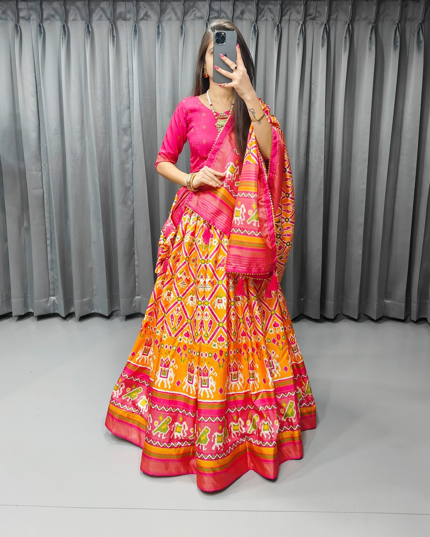 Stitched Tussar Silk Lehenga Choli Set – Printed Design with Fancy Tassels & Lace Dupatta