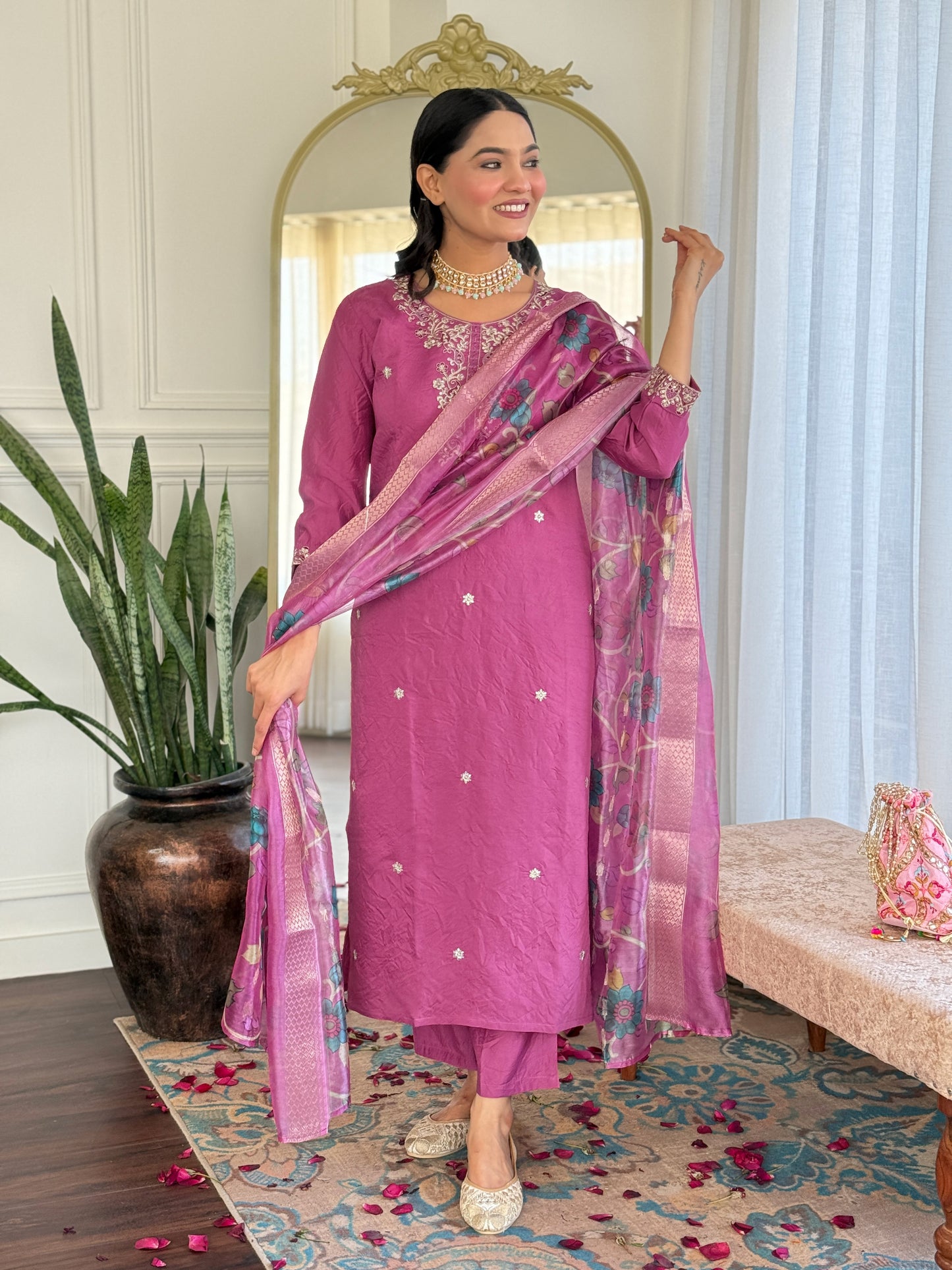 Designer Embroidered Suit Set in Chanderi with Jacquard Dupatta