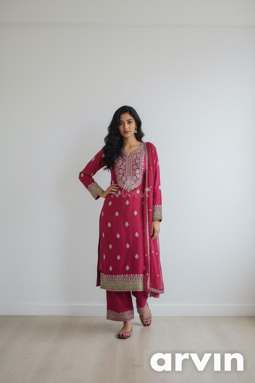 Rani Pink Embroidered Shimmer Kurta Pant Set with Dupatta | Fully Stitched | Festive, Party & Wedding Wear for Women