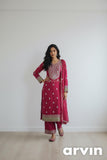 Rani Pink Embroidered Shimmer Kurta Pant Set with Dupatta | Fully Stitched | Festive, Party & Wedding Wear for Women