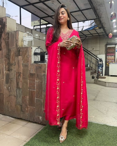 Women's Viscose Chanderi Embroidered Kurta with Pant & Pure Organza Dupatta with Work | Readymade 3-Piece Suit Set | Elegant Ethnic Wear for Festive, Party & Semi-Formal Occasions