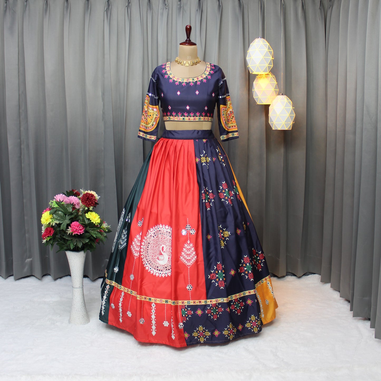 Women’s Butter Silk Lehenga Choli – Ready to Wear with Mirror Work & Printed Dupatta