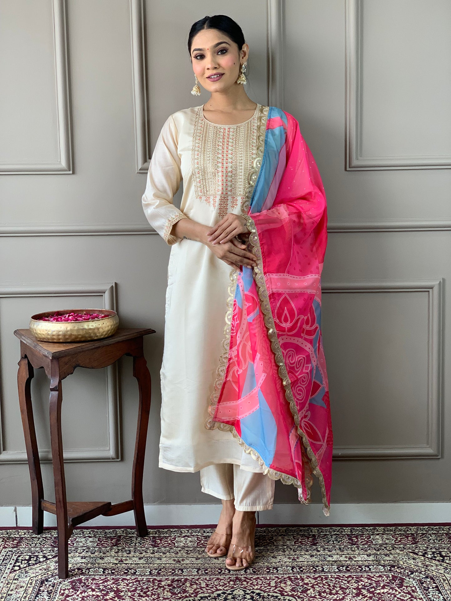 Women’s Viscose Chanderi Kurti Set with Embroidered Nylon Taby Dupatta & Pant – Designer Round Neck, Knee Length