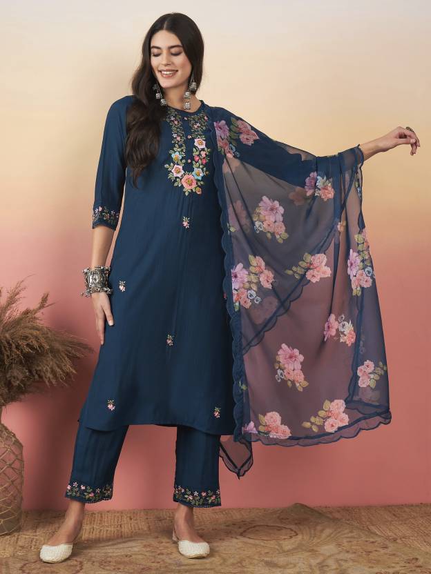Premium Ethnic Embroidered Viscose Chanderi Suit Set with Pure Organza Dupatta – 3-Piece