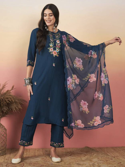 Premium Ethnic Embroidered Viscose Chanderi Suit Set with Pure Organza Dupatta – 3-Piece