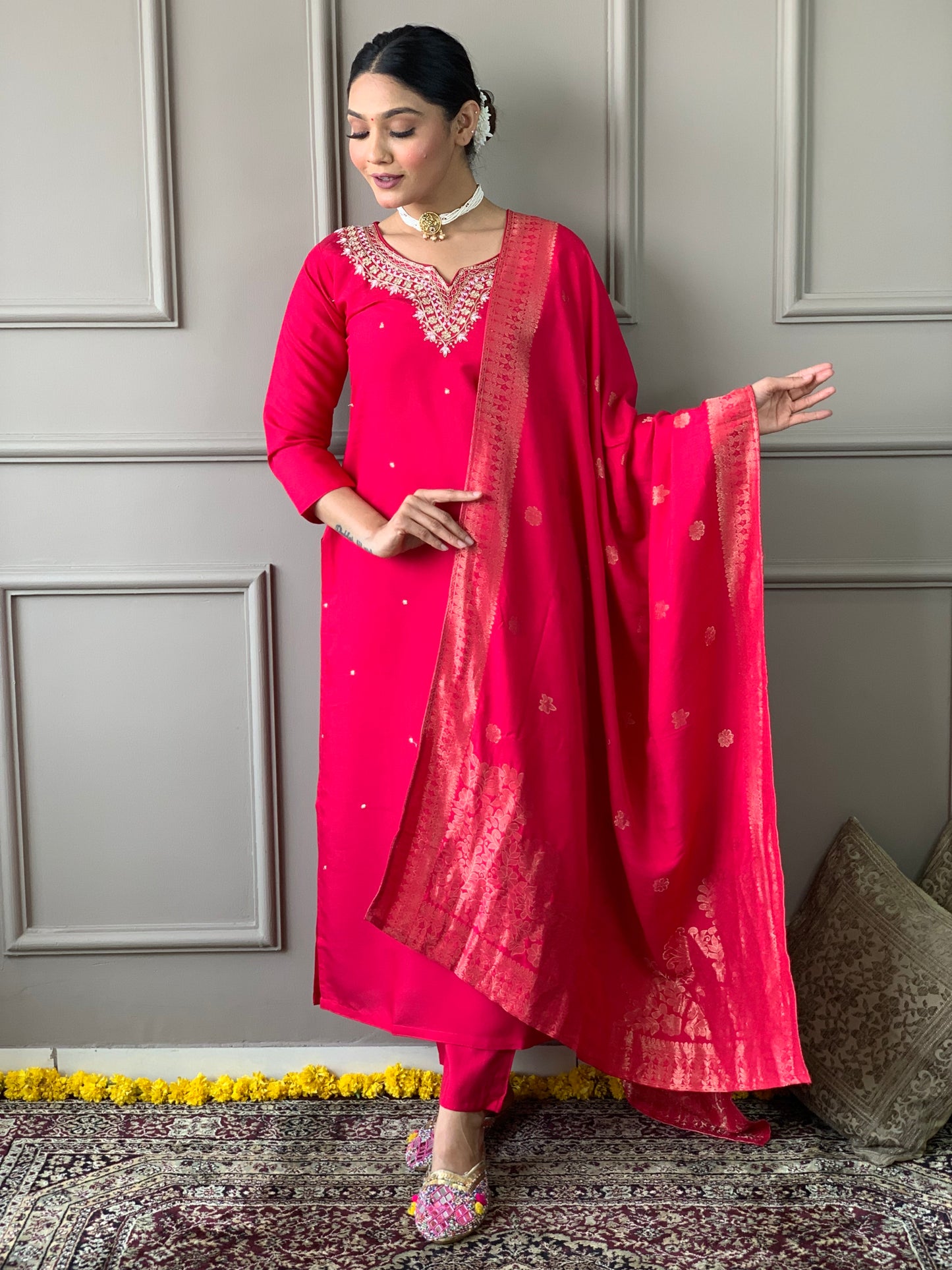 Elegant Ethnic Wear Embroidered Viscose Chanderi Suit Set with Rich Jacquard Dupatta – 3-Piece