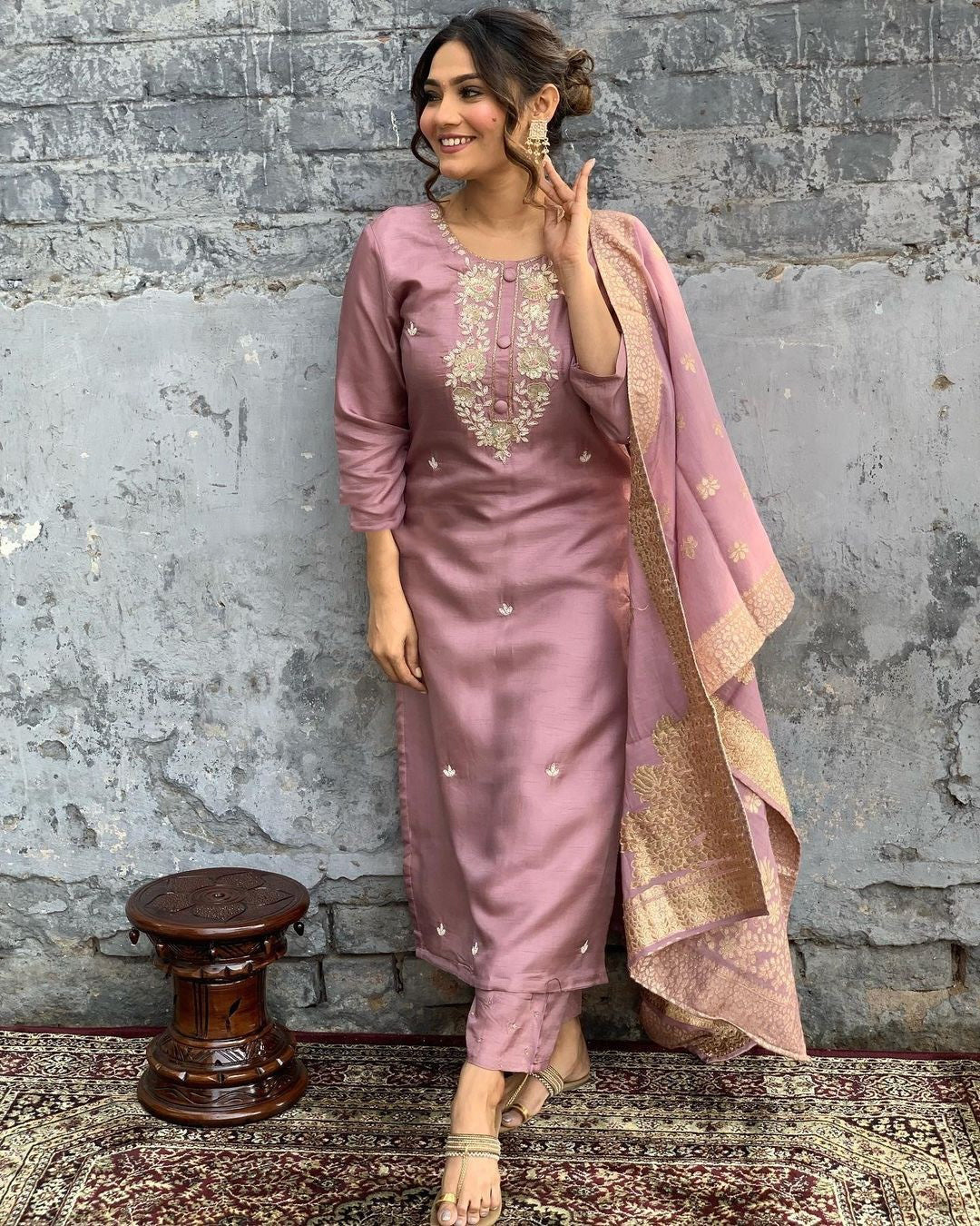 Women’s Viscose Chanderi Kurti Set with Embroidered Jacquard Dupatta & Pant – Full Sleeves, Designer Round Neck