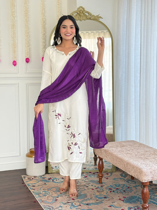 New Designer Embroidered Viscose Rayon Suit Set with Flowing Chinon Dupatta – 3-Piece Ethnic Outfit