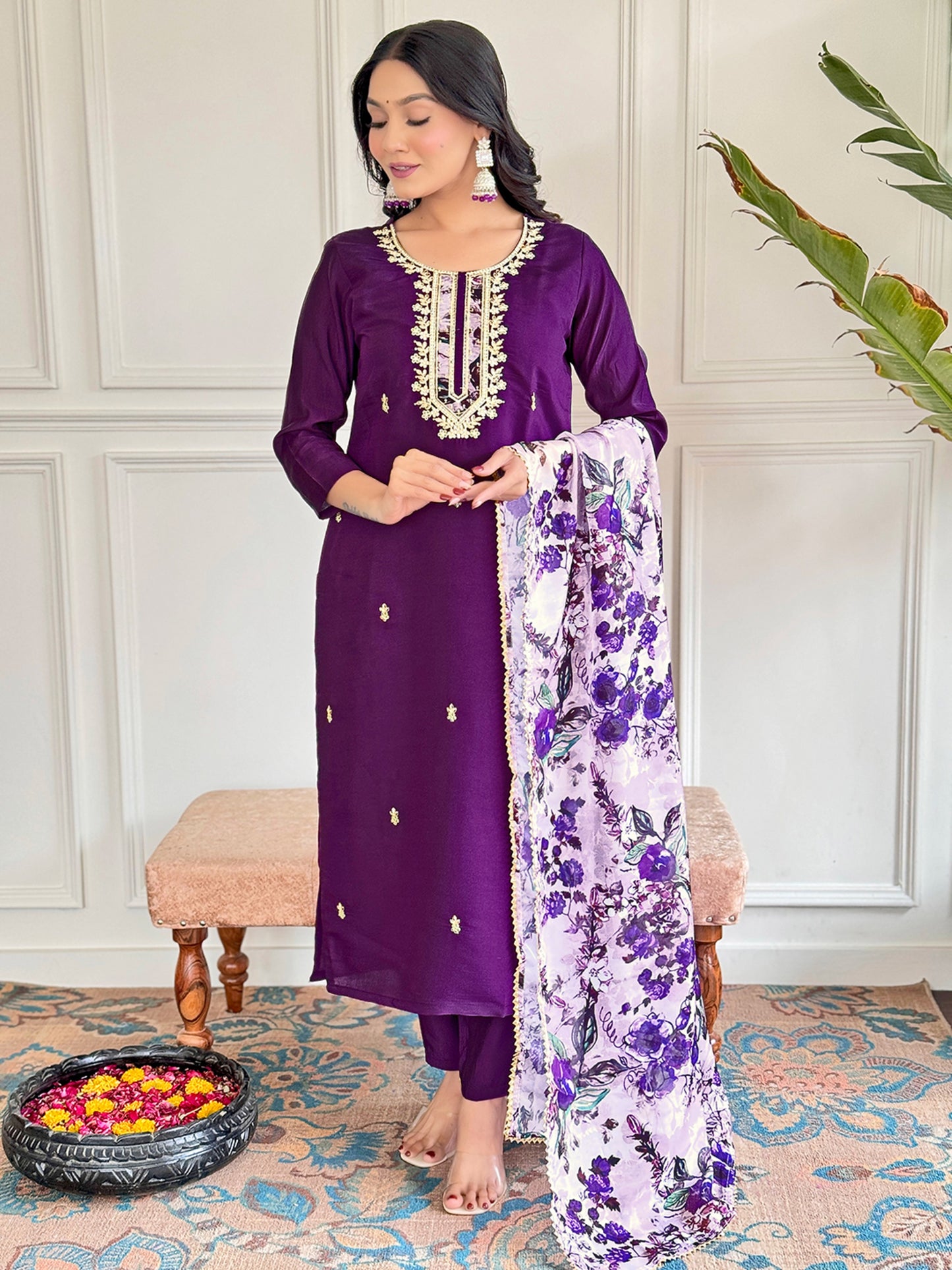 Elegant Chanderi Kurti Set with Embroidered Taby Dupatta & Pant – 3/4 Sleeve, Designer Round Neck
