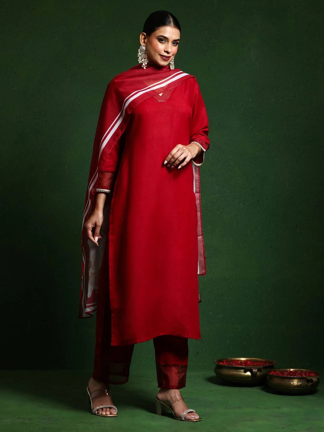 Women's PV Chanderi Embroidered Kurta with Pant & Premium Organza (Taby) Dupatta | Readymade 3-Piece Ethnic Suit Set | Elegant Wear for Festive, Semi-Formal & Special Occasions