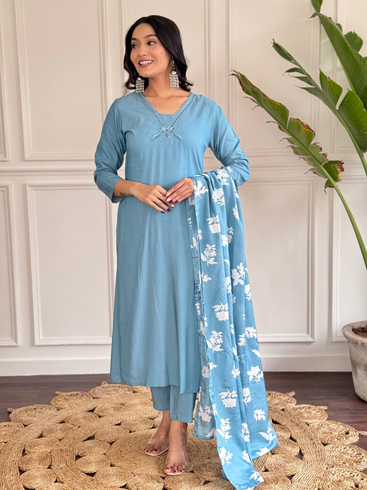Designer Viscose Chanderi Embroidered Suit with Silk Dupatta