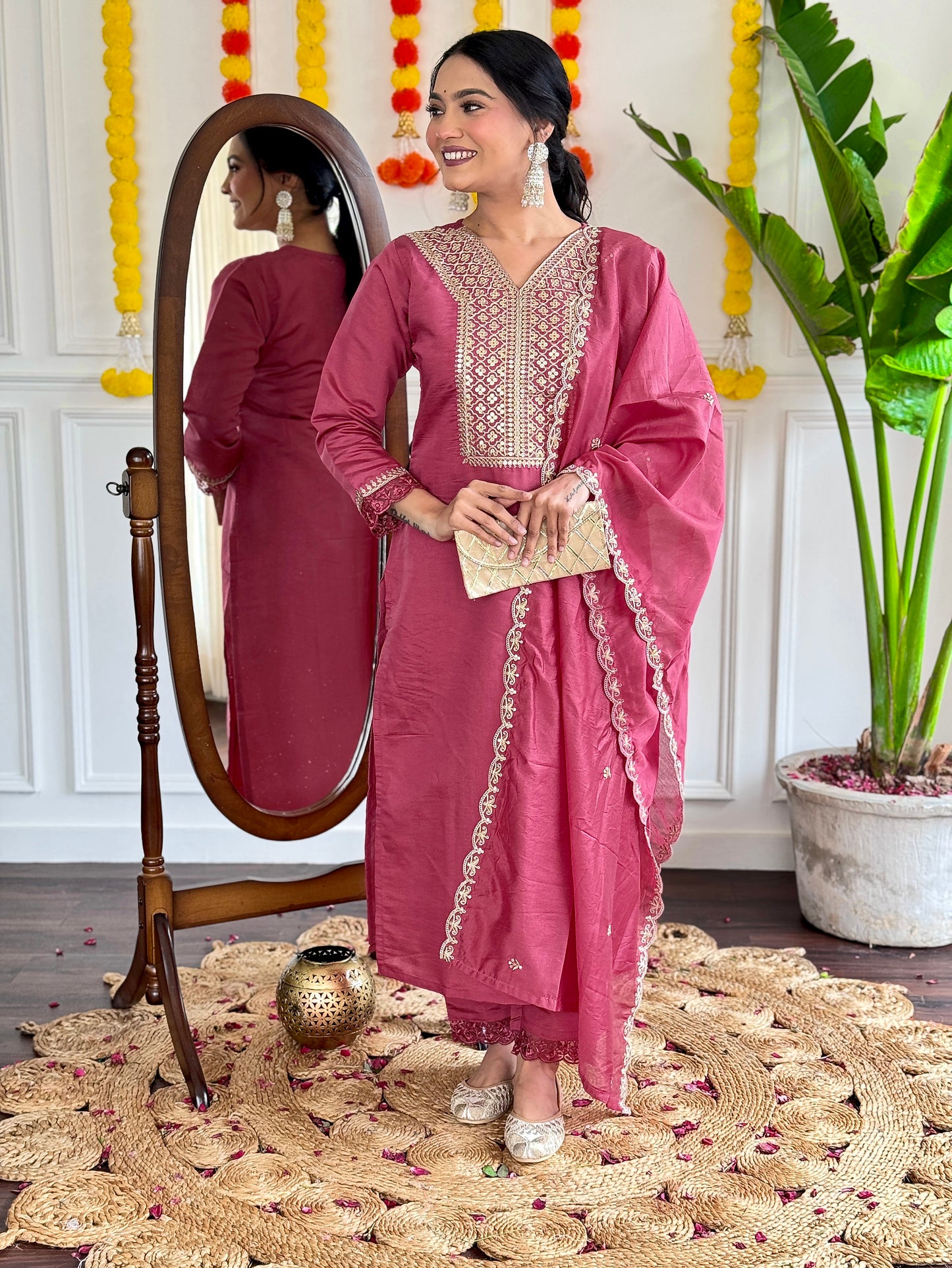Women’s Viscose Chanderi Kurti Set with Embroidered Nylon Chanderi Dupatta & Pant – Full Sleeves, Designer V Neck