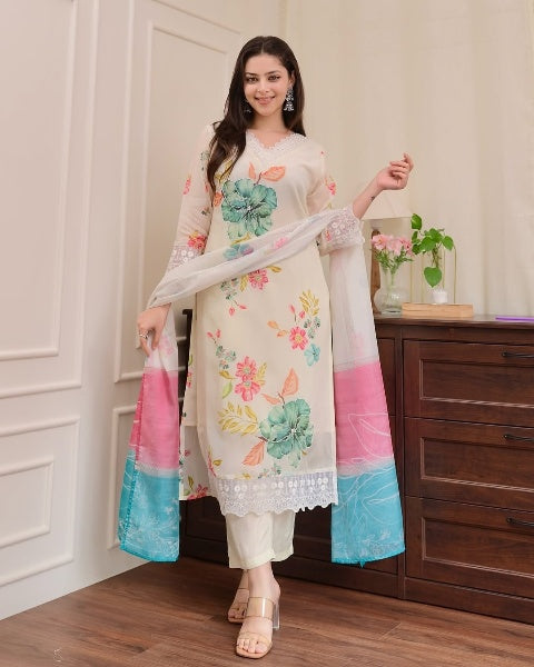 Women's Nylon Taby Embroidered Kurta with Viscose Pant & Dupatta | Readymade 3-Piece Suit Set | Elegant & Comfortable Ethnic Wear for Festive, Casual & Semi-Formal Use