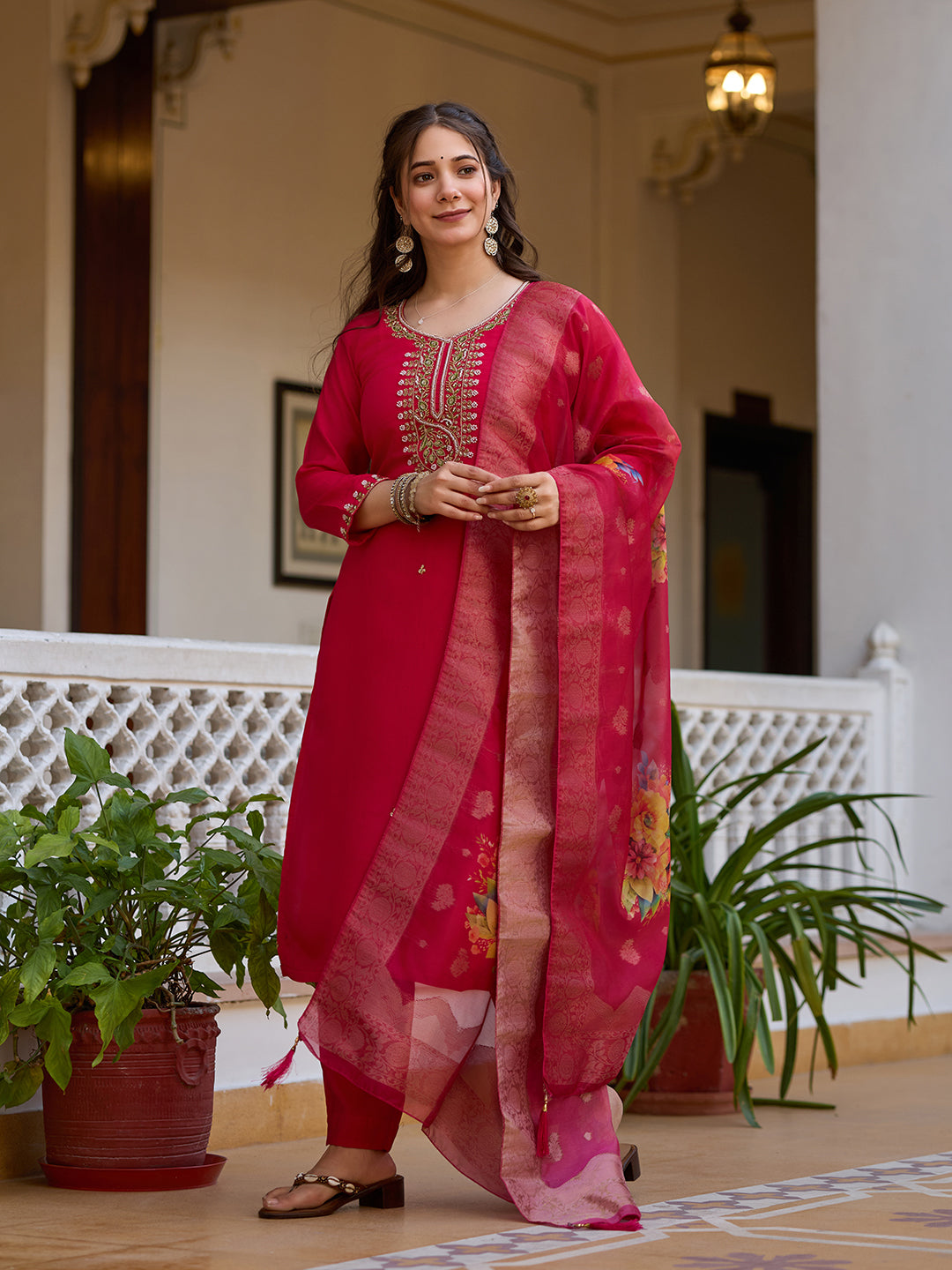Stylish Embroidered Chanderi Ensemble with Flowy Organza Dupatta