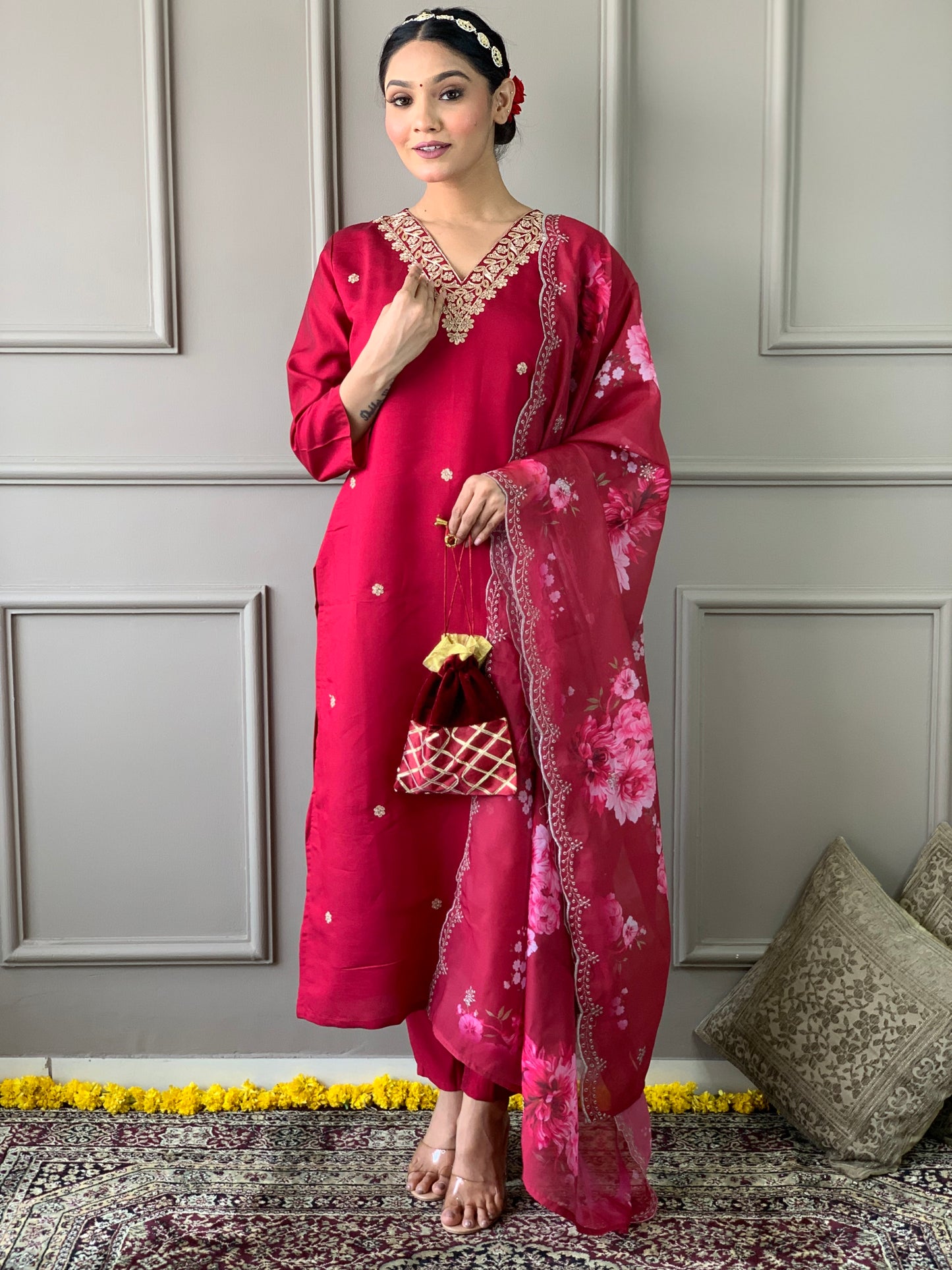 Women’s Viscose Chanderi Kurti Set with Embroidered Nylon Taby Dupatta & Pant – Full Sleeve, Designer V Neck