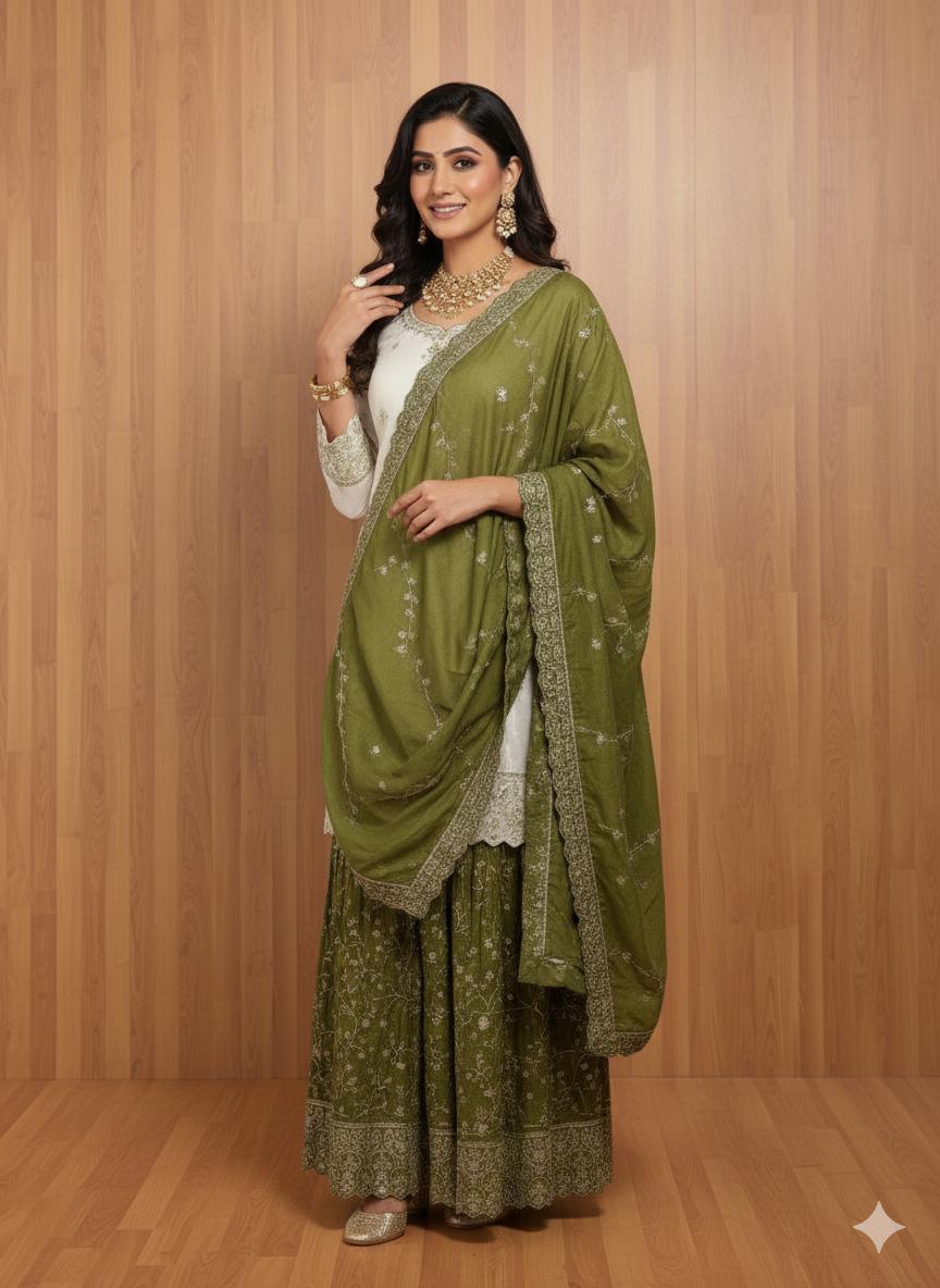 Women Olive Green Embroidered Sharara Suit Set | Short Kurti with Sharara & Dupatta | Party & Festive Wear