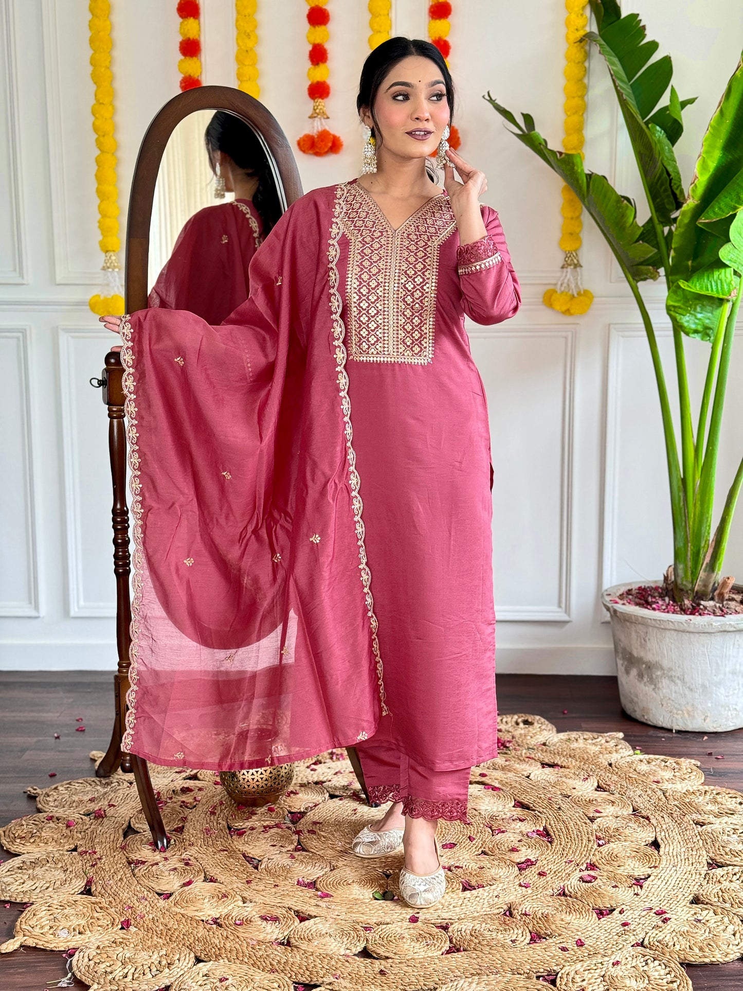 Women’s Viscose Chanderi Kurti Set with Embroidered Nylon Chanderi Dupatta & Pant – Full Sleeves, Designer V Neck