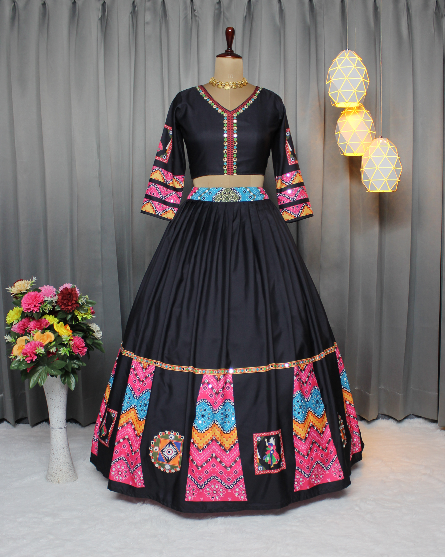 Women’s Butter Silk Navratri Lehenga Choli – Stitched, Real Mirror & Digital Print Work