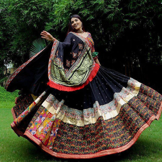 Navratri Special Soft Chinon Silk Lehenga with Digital Print & Real Mirror Work