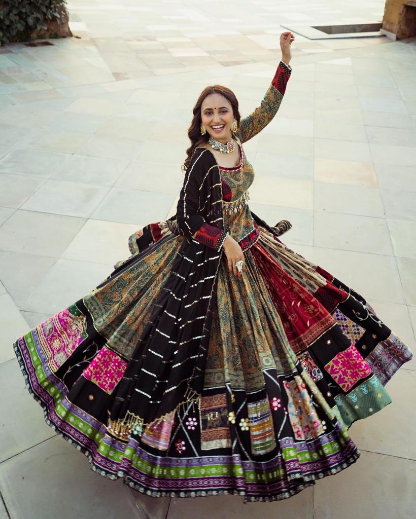 Celebrate Navratri Nights in this Elegant Chinon Silk Mirror Work Lehenga Choli
