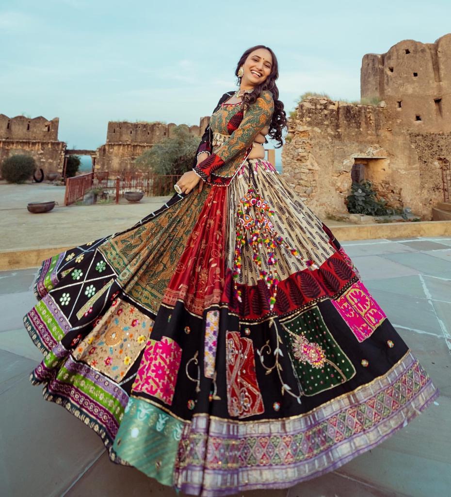 Celebrate Navratri Nights in this Elegant Chinon Silk Mirror Work Lehenga Choli