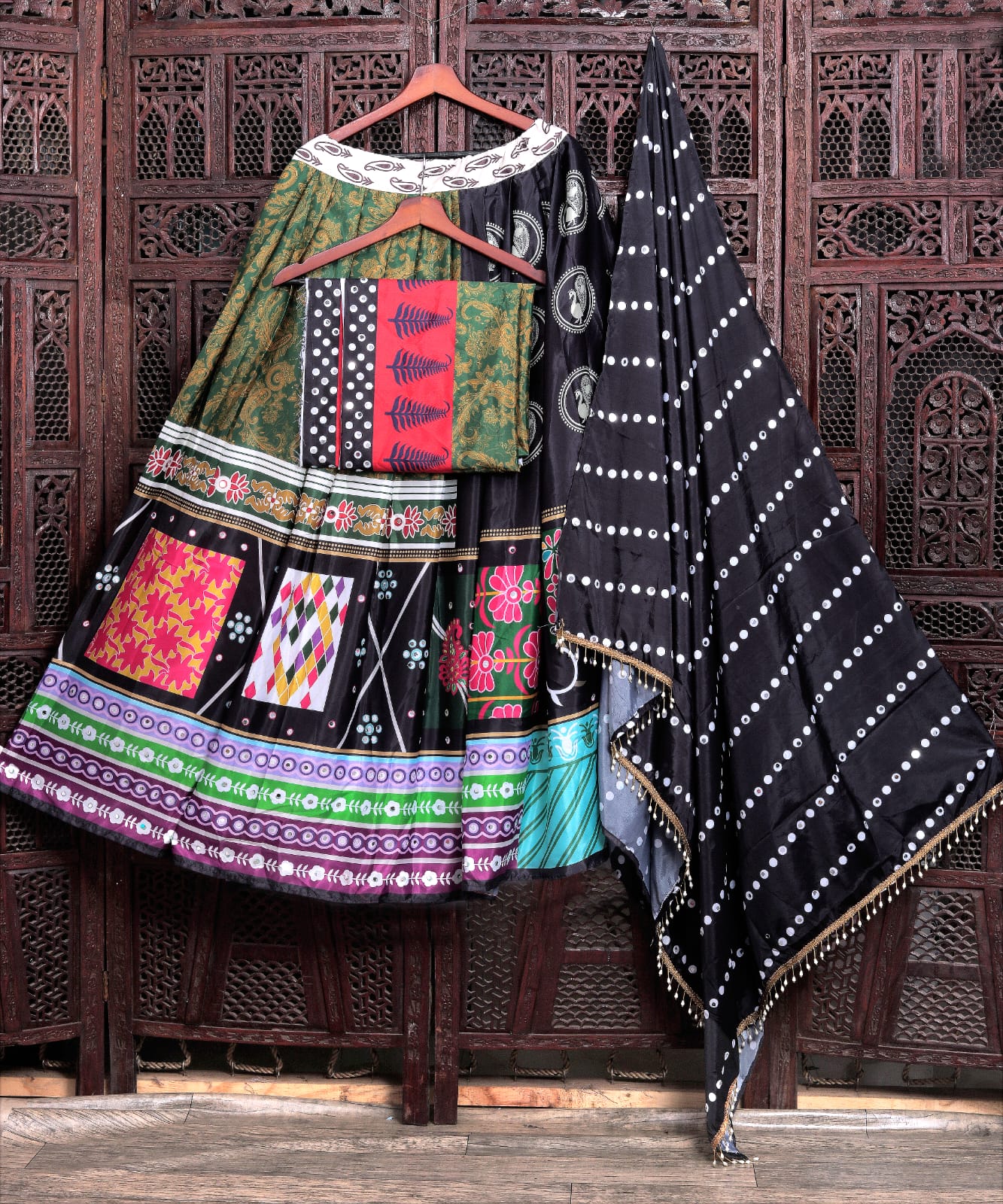 Celebrate Navratri Nights in this Elegant Chinon Silk Mirror Work Lehenga Choli