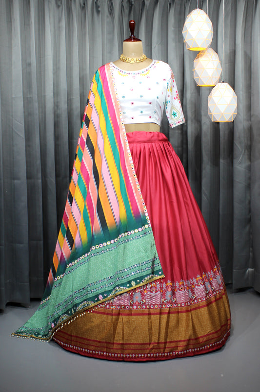 Ready-Made Chinon Silk Navratri Lehenga Choli – Digital Print & Real Mirror Work